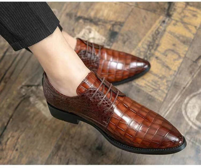 Mens Brown Crocodile Embossed Leather Dress Shoes Pointed Toe Lace Up Oxfords Formal Business Office Wedding Party Wear Comforta