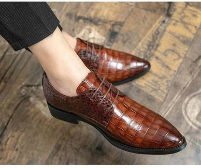 Mens Brown Crocodile Embossed Leather Dress Shoes Pointed Toe Lace Up Oxfords Formal Business Office Wedding Party Wear Comforta