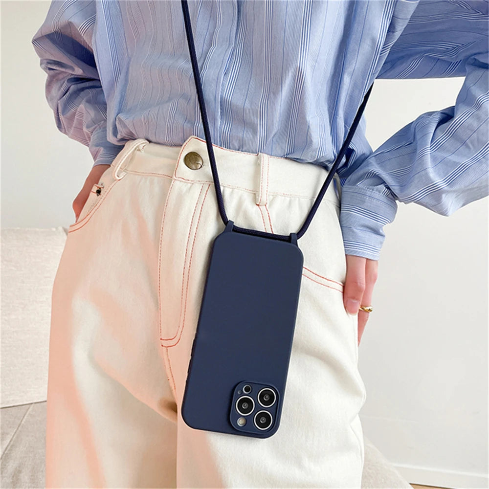 Crossbody Necklace Lanyard Cord Strap Liquid Silicone Case For iPhone 17 16 15 13 11 12 14 Pro Max XS XR X Plus Soft Candy Cover