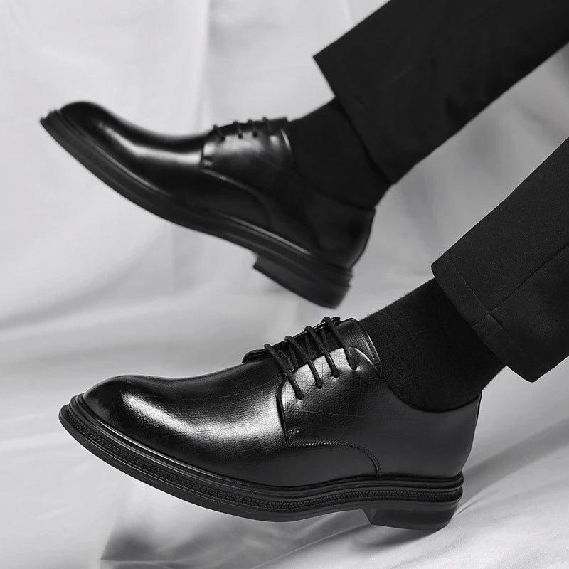 Mens Black Vintage Genuine Leather Lace Up Formal Business Office Groom Wedding Daily Wear Dress Shoes Simple British Style