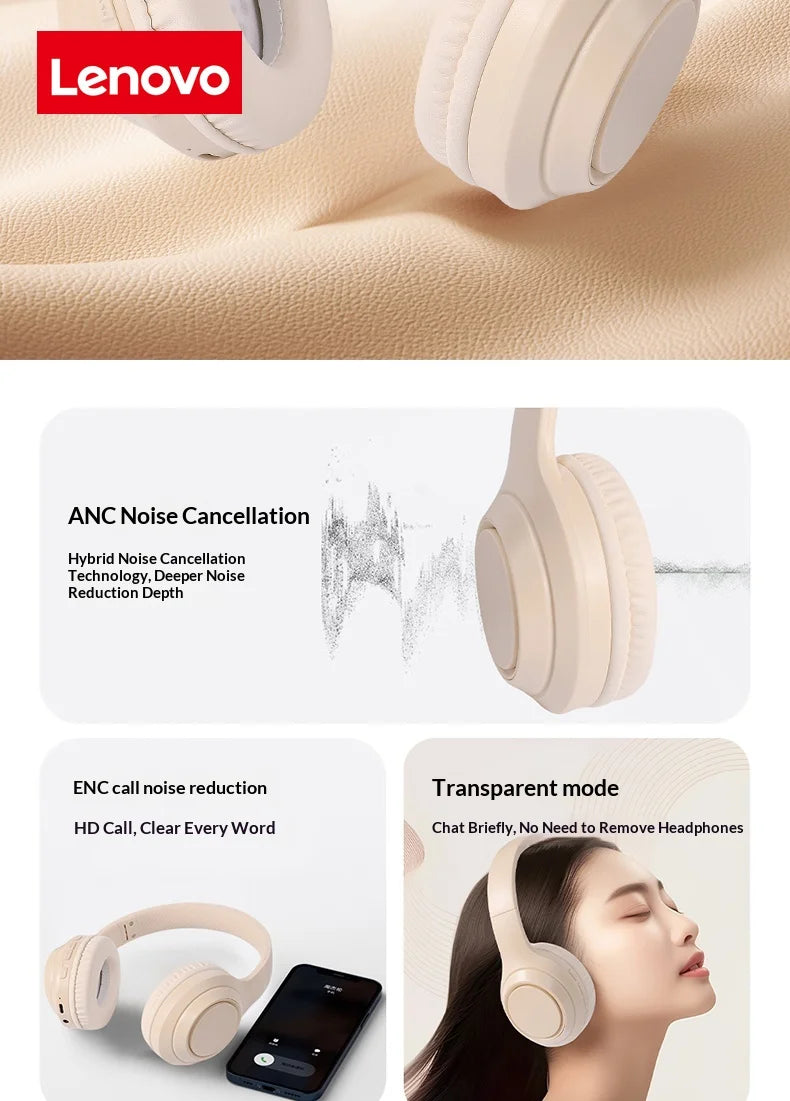 Lenovo Original Bluetooth 5.3 Earphones Over-ear Foldable Computer Wireless Headphones Gaming Headset 360° Stereo Sound Headset