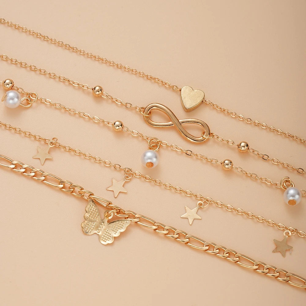 5pcs Boho Summer Beach 8 Infinite Charm Anklet Set Women Chain on Leg Pearl Butterfly Star Heart Pendant Anklet Vintage Jewelry