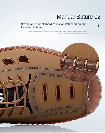 Men's Soft Leather 2024 Summer Men Leather Sandals Breathable Non-slip Cow Tendon Sole Casual Leather Shoes Outdoor Beach Shoes