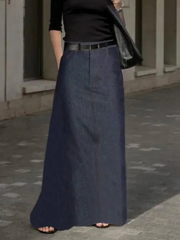 Denim-Look Pocket Maxi Skirt