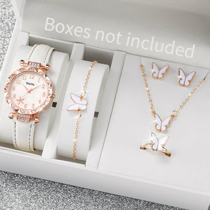 5/6PCS Fashion Rhinestone Women Watches Casual Leather Band Quartz Watch for Women Clock Jewelry Set Reloj Mujer（Without Box）