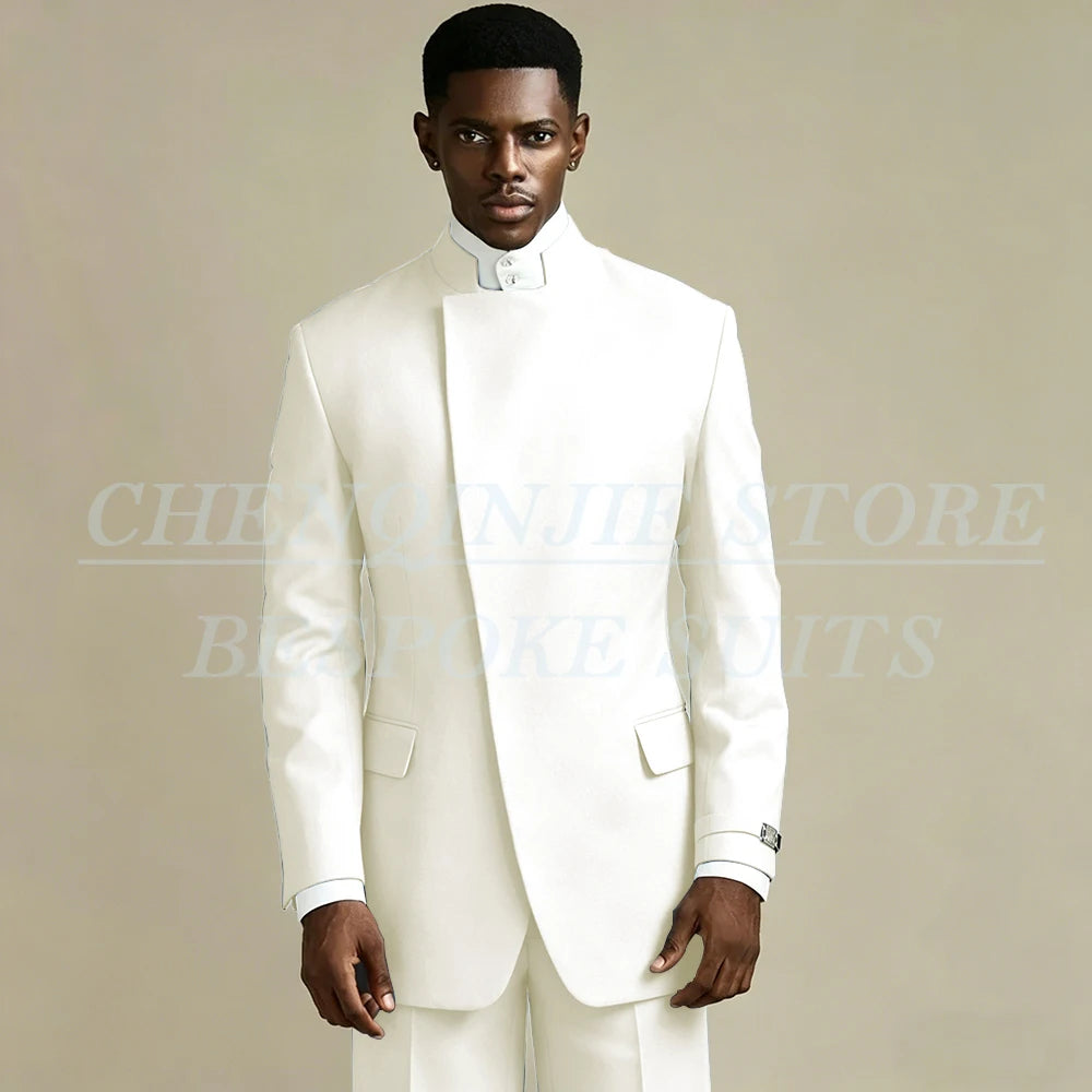 Elegant Black Men's Suits 2 Piece Jacket Pants Outfits Formal Single Breasted Stand Lapel Skinny Clothing Costume Homme