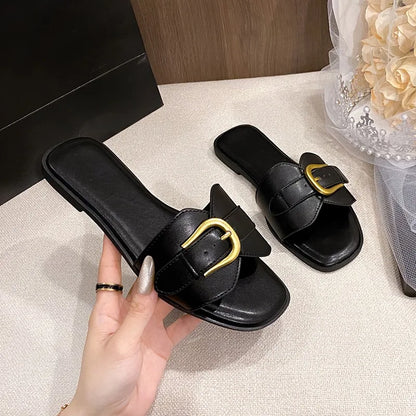 Summer Fashion Women's Slippers Leather Square Toe Women's Flats Flip-flops Sliding Sandals Women's Luxury Sandals