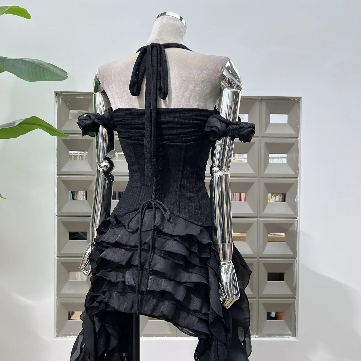DFDG Hanging Neck High-quality Long Skirt Irregular Design Solid Color 2025 Summer New Women's Waist Cinching Slimming Dress