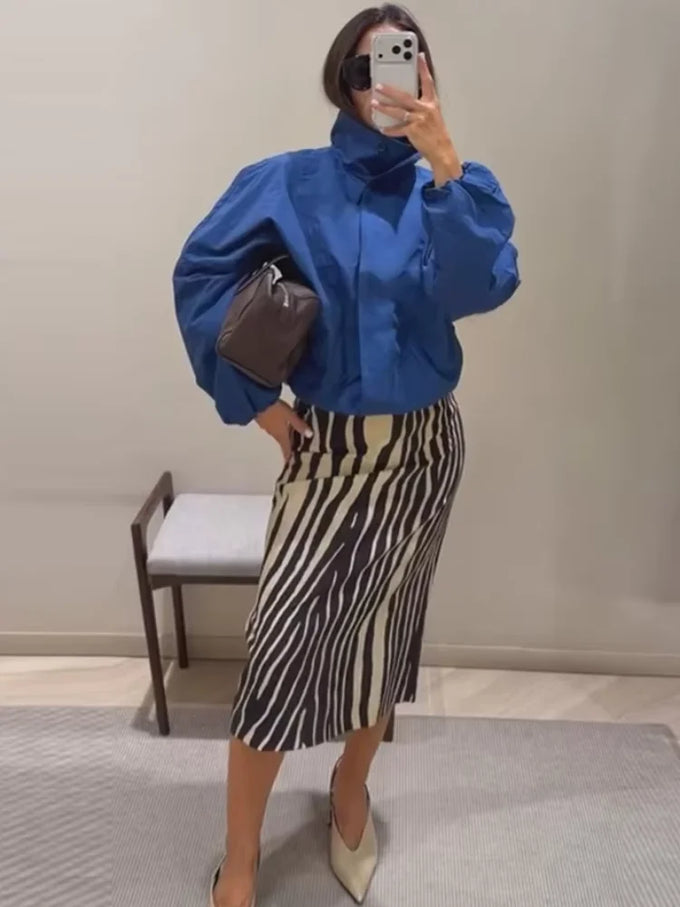 Zebra Stripe High-Waisted Midi Skirt