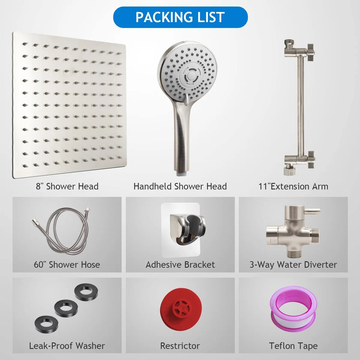 Stainless Steel 8/10 Inch Overhead Showerhead 5 Modes With Extension Arm Multi-function Hand Shower Wall Mounted Showerhead Set
