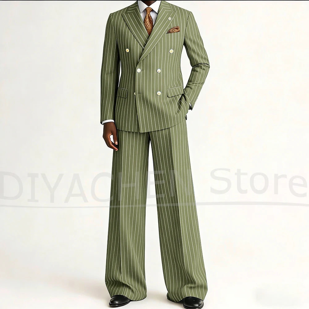 Men's Striped Double Breasted Suit Set Fashion Peak Lapel Formal Outfits 2 Piece Wedding Business Events Casual Male Suit