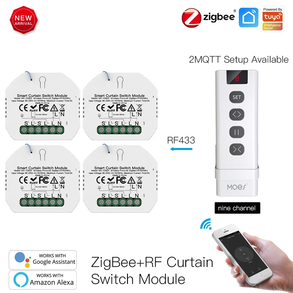 Moes Tuya ZigBee Smart RF433 Curtain Switch Module DIY for Motorized Roller Blinds Motor 2MQTT Smart Life APP Alexa Google Home