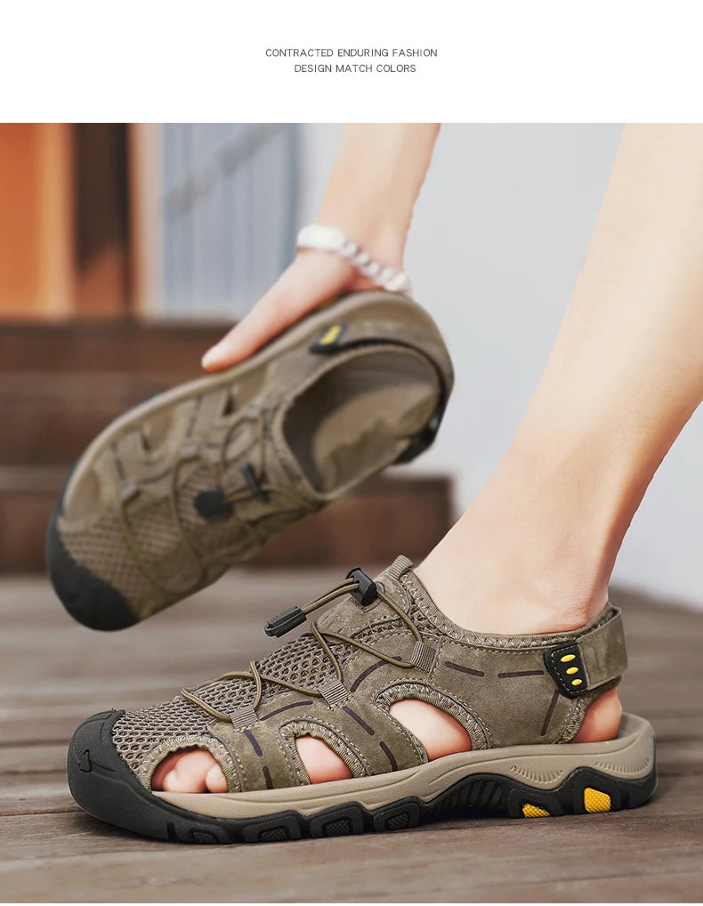 Genuine Leather Men's Sandals Summer Classic Outdoor Lightweight Walking Sneakers Hiking Men's Sandals Casual Beach Wading Shoes
