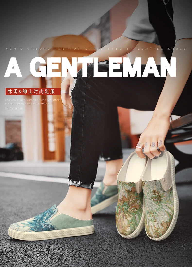 Men's canvas slippers summer new breathable outdoor soft-sole casual slippers party sandals Joker tide half slippers cloth shoes