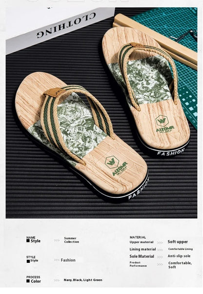 Japanese wood grain flip flops for men in summer wear anti-slip trend printed soft bottom clip foot stroke beach sand sand