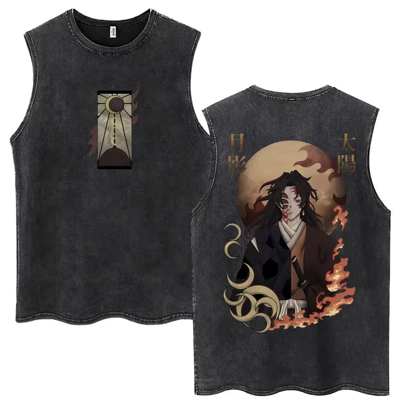 Washed Anime Demon Slayer Hashibira Inosuke Mask Face Tank Tops Men Women Vintage Fashion Cotton Sleeveless T Shirts Streetwear