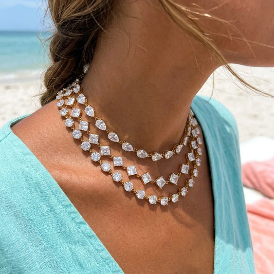 Elegant Classic Shiny Full Cubic Zirconia Chain Necklace For Women Waterproof Stainless Steel Necklaces Accessories