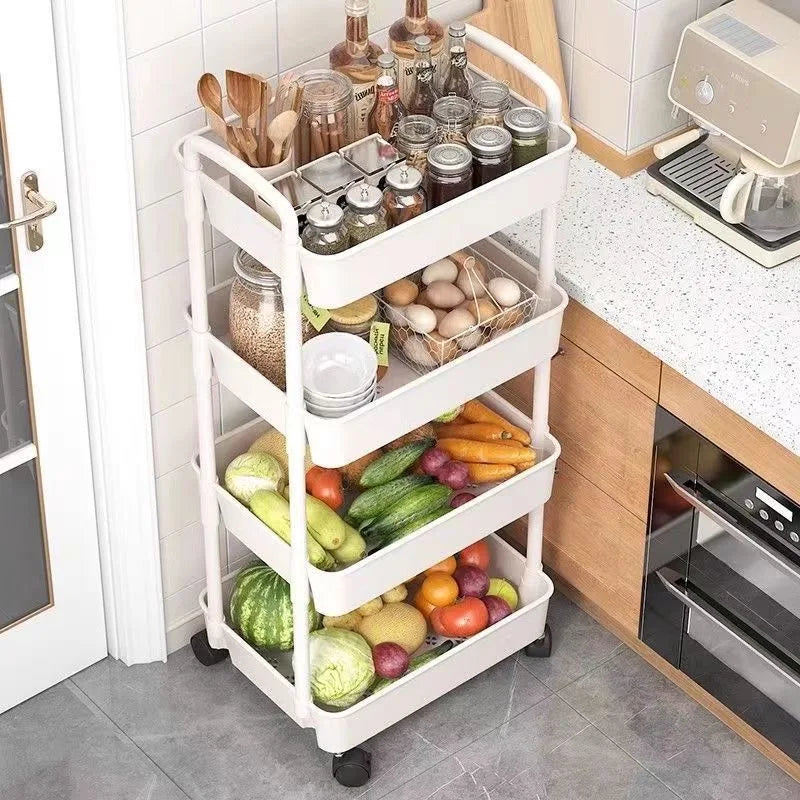 Trolley with Handlebar and Storage Rack, Floor-Standing, Multi-Layer Storage for Kitchen, Bathroom, Snacks, and Toiletries