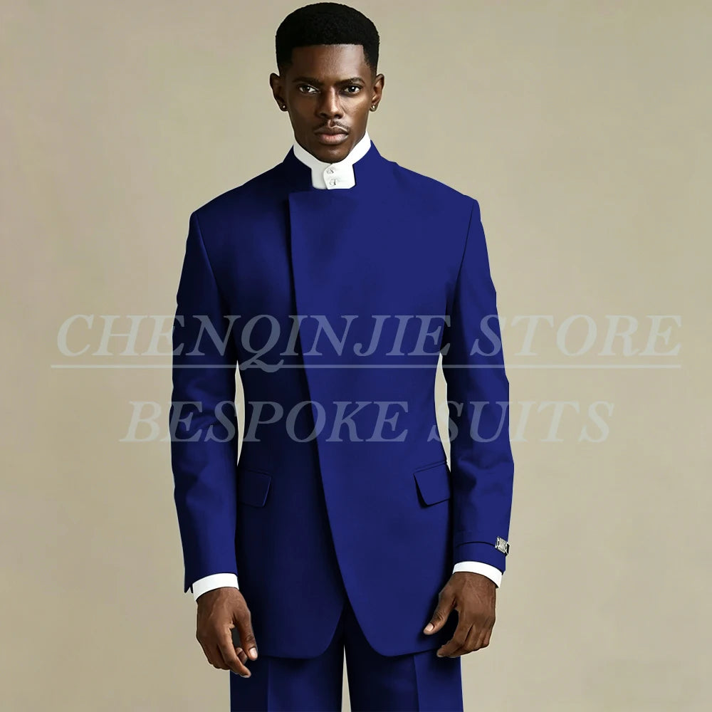 Elegant Black Men's Suits 2 Piece Jacket Pants Outfits Formal Single Breasted Stand Lapel Skinny Clothing Costume Homme