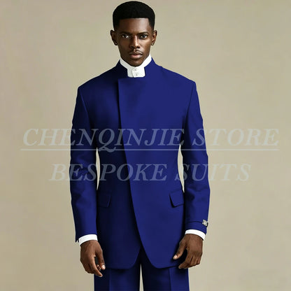 Elegant Black Men's Suits 2 Piece Jacket Pants Outfits Formal Single Breasted Stand Lapel Skinny Clothing Costume Homme