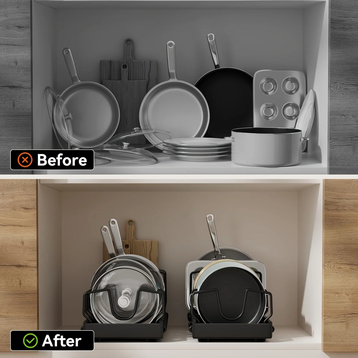 Pull-out Cookware Frying Pan Storage Rack with 8 Adjustable Dividers Pot Lid Holder Under Cabinet Kitchen Organizer