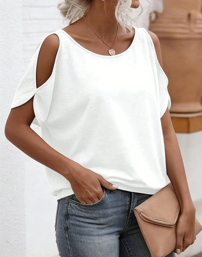 Women's Tee Top Cold Shoulder Short Sleeve Solid Soft Knit Loose Tops Casual Tee Spring Summer Chic Tee Daily Breathable Tops