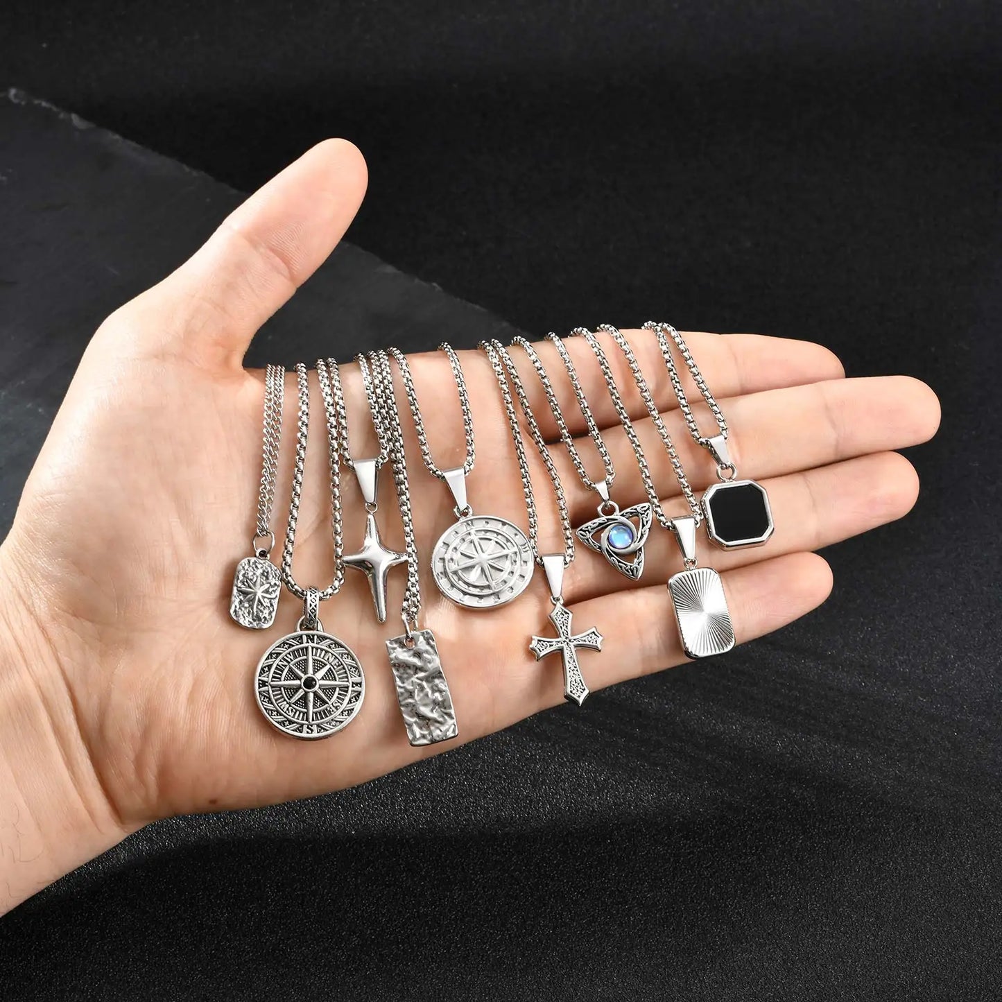 Men's Silver Color Geometric Pendant Necklace, Non Fading Stainless Steel Compass Necklace with Chain, Stylish Jewelry Gifts