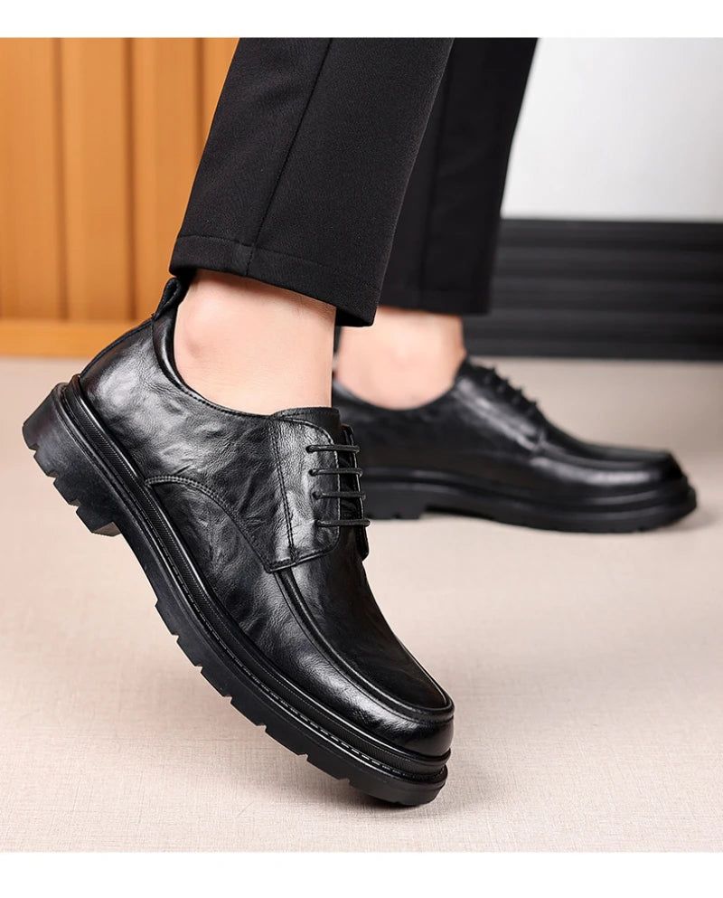 Mens Black Wrinkled Leather Apron Toe Lace Up Dress Shoes Thick Lug Sole Chunky Formal Business Office Work Daily Wear Shoes