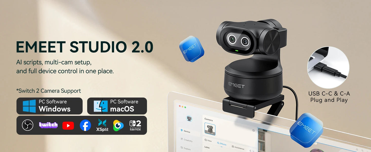 EMEET PIXY 2K Webcam,Gesture Control AI Tracking PTZ Camera With Sony Sensor,1080P 60fps Autofocus Webcam for Streaming OBS