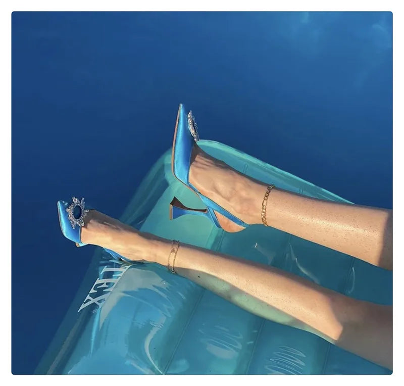 2025 European and American Women's New Silk Sunflower Crystal Diamond Buckle High Heels Horseshoe Heel Women's Sandals