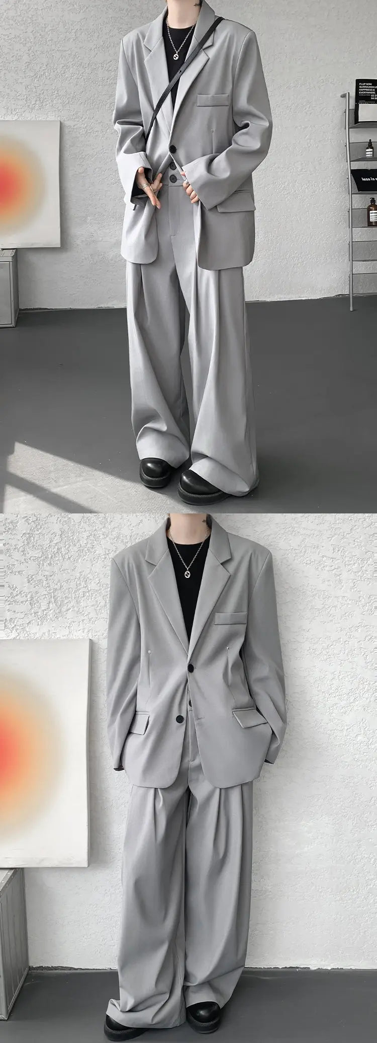 Casual suit set Men Loose fitting 2 piece suit Shoulder pads Trend Streetwear Korean 2025 NEW suit jacker+suit pants