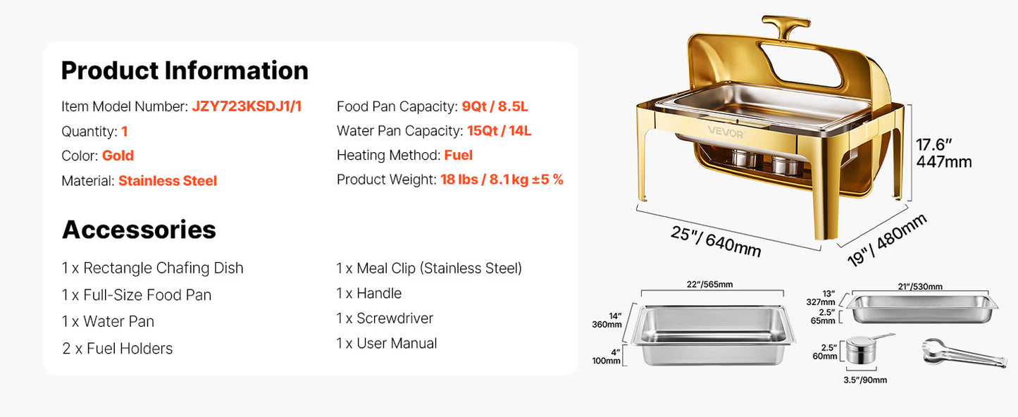 SucceBuy 9Qt Roll Top Chafing Dish Buffet Stainless Steel Chafer with Full Size Pan Visible Lid Rectangle Catering Warmer Server