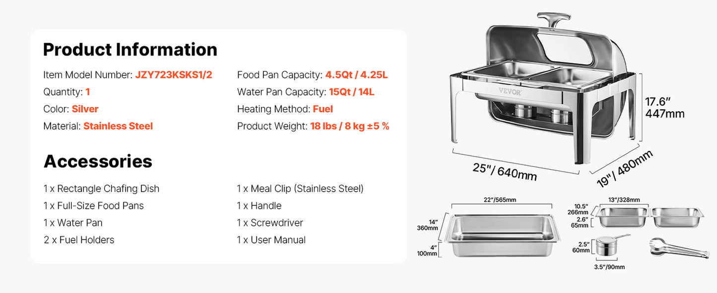SucceBuy 9Qt Roll Top Chafing Dish Buffet Stainless Steel Chafer with Full Size Pan Visible Lid Rectangle Catering Warmer Server