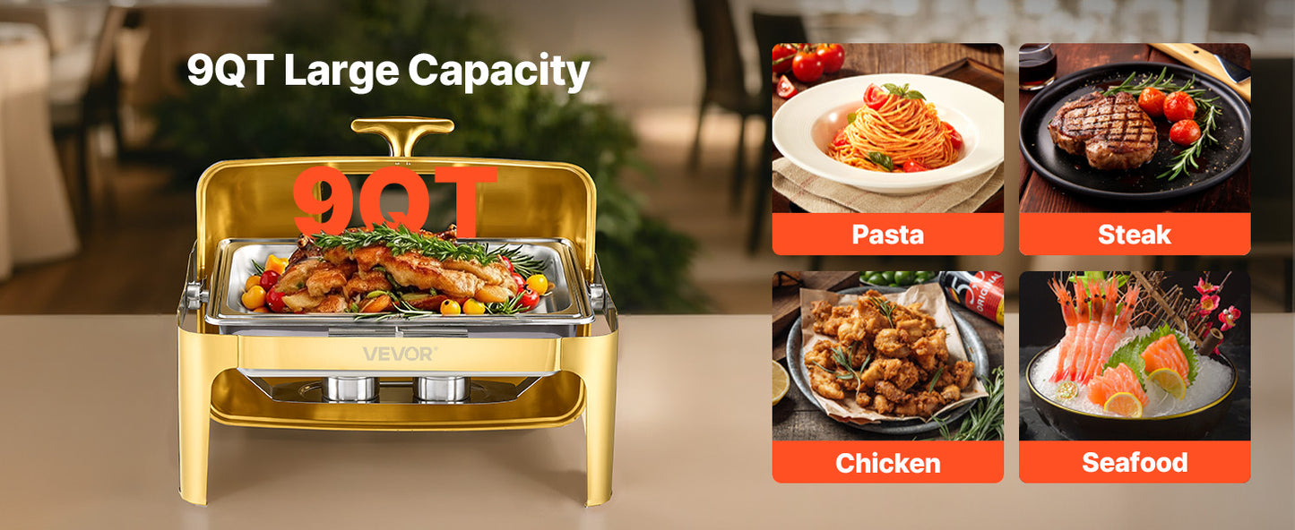 SucceBuy 9Qt Roll Top Chafing Dish Buffet Stainless Steel Chafer with Full Size Pan Visible Lid Rectangle Catering Warmer Server