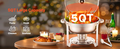 SucceBuy 5 Qt 2 Pack Round Chafing Dish Buffet Set Stainless Steel Chafer with 2 Full Size Pan, Round Catering Warmer Server