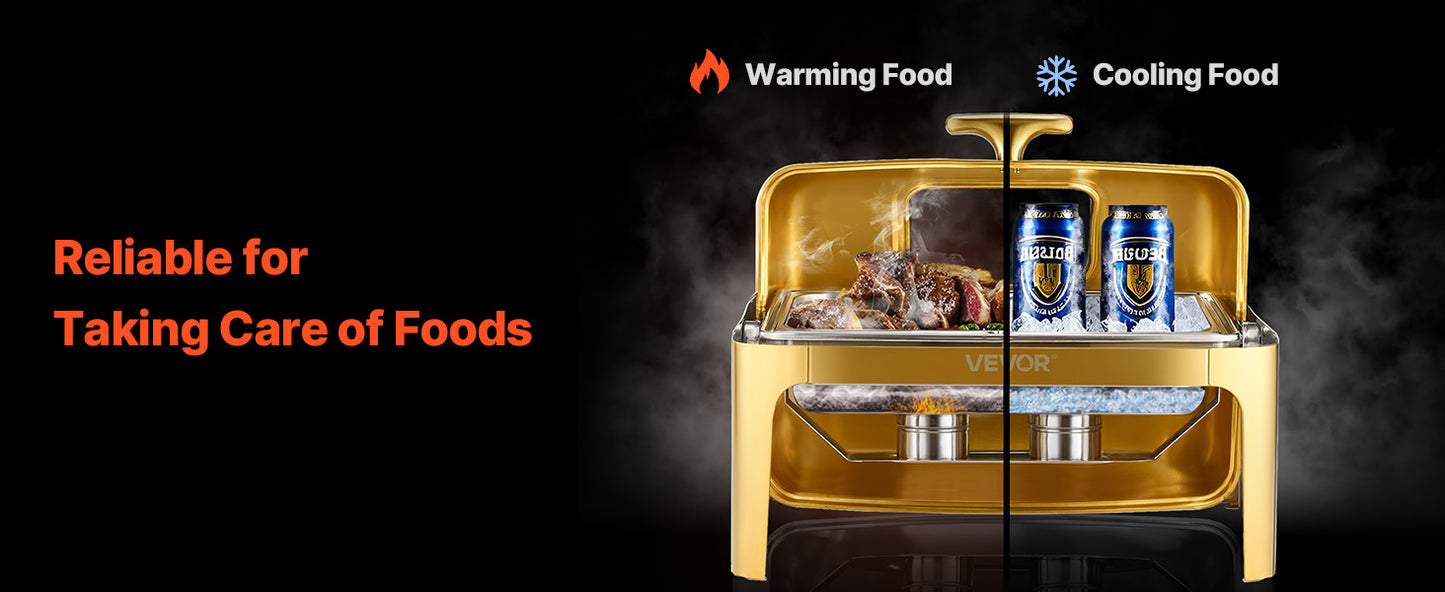 SucceBuy 9Qt Roll Top Chafing Dish Buffet Stainless Steel Chafer with Full Size Pan Visible Lid Rectangle Catering Warmer Server
