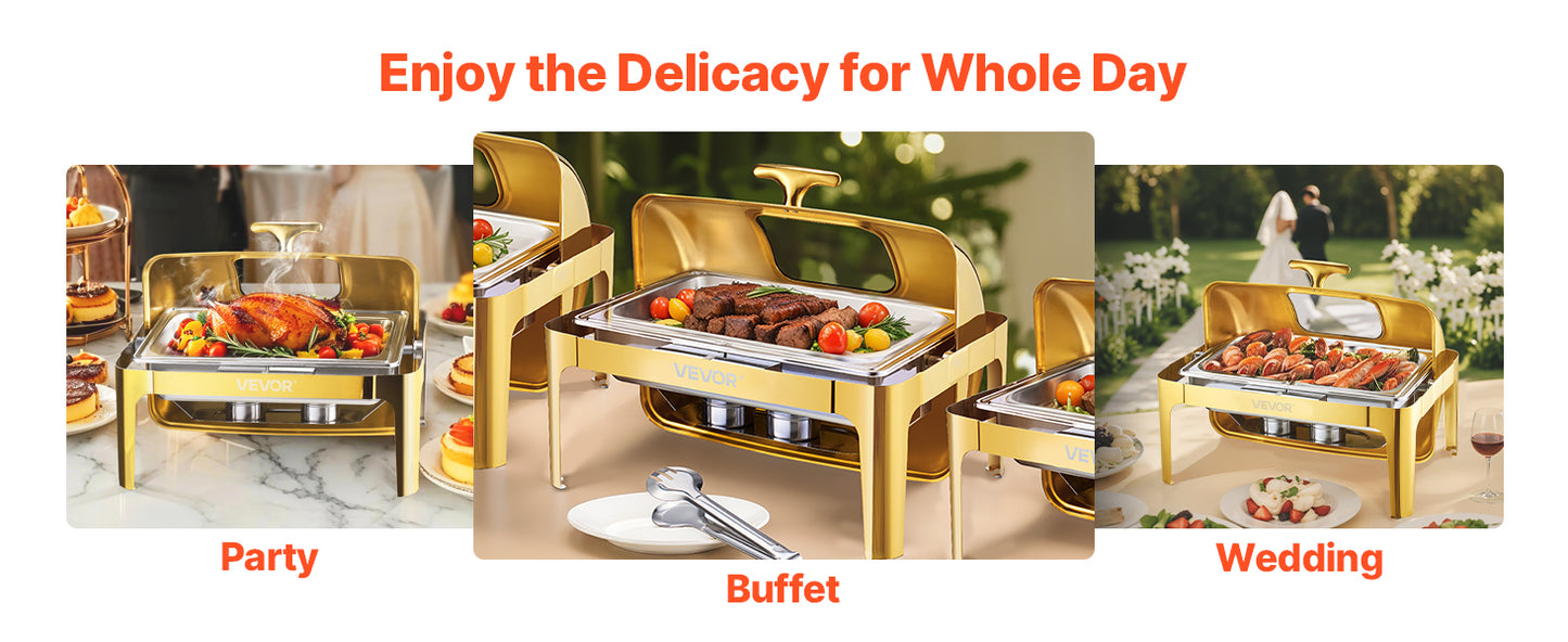 SucceBuy 9Qt Roll Top Chafing Dish Buffet Stainless Steel Chafer with Full Size Pan Visible Lid Rectangle Catering Warmer Server