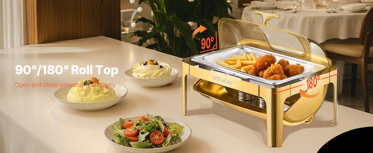 SucceBuy 9Qt Roll Top Chafing Dish Buffet Stainless Steel Chafer with Full Size Pan Visible Lid Rectangle Catering Warmer Server