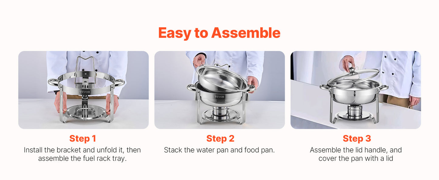 SucceBuy 5 Qt 2 Pack Round Chafing Dish Buffet Set Stainless Steel Chafer with 2 Full Size Pan, Round Catering Warmer Server