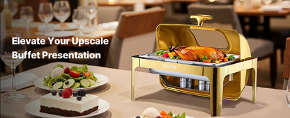 SucceBuy 9Qt Roll Top Chafing Dish Buffet Stainless Steel Chafer with Full Size Pan Visible Lid Rectangle Catering Warmer Server