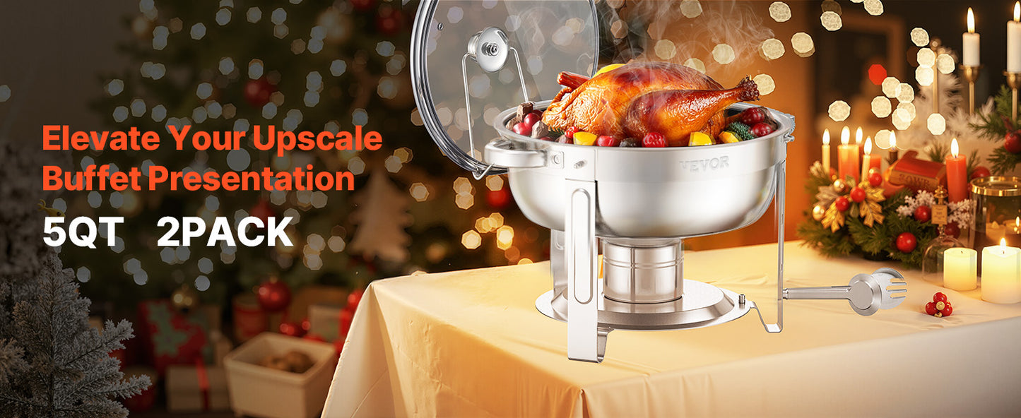 SucceBuy 5 Qt 2 Pack Round Chafing Dish Buffet Set Stainless Steel Chafer with 2 Full Size Pan, Round Catering Warmer Server