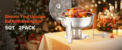 SucceBuy 5 Qt 2 Pack Round Chafing Dish Buffet Set Stainless Steel Chafer with 2 Full Size Pan, Round Catering Warmer Server