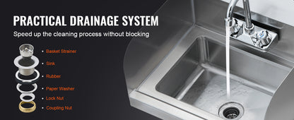 SucceBuy Commercial Hand Sink with Faucet and Side Splash Stainless Steel Sink for Washing Wall Mount Hand Basin for Restaurant