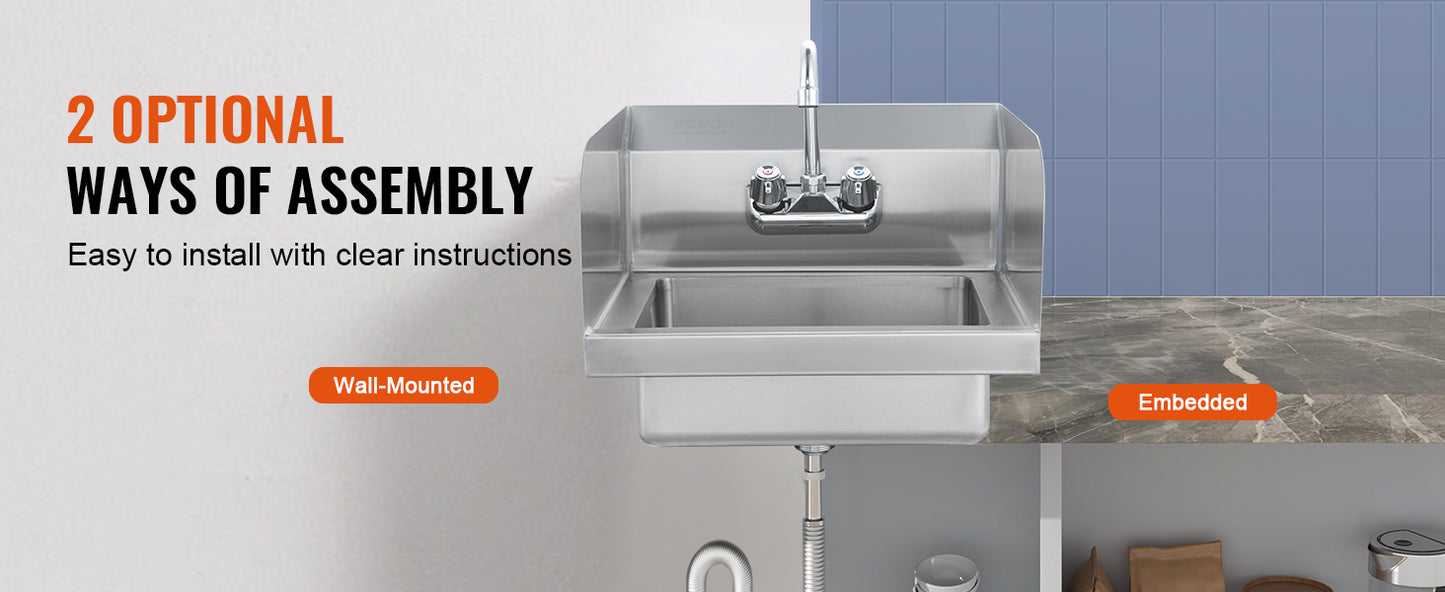SucceBuy Commercial Hand Sink with Faucet and Side Splash Stainless Steel Sink for Washing Wall Mount Hand Basin for Restaurant
