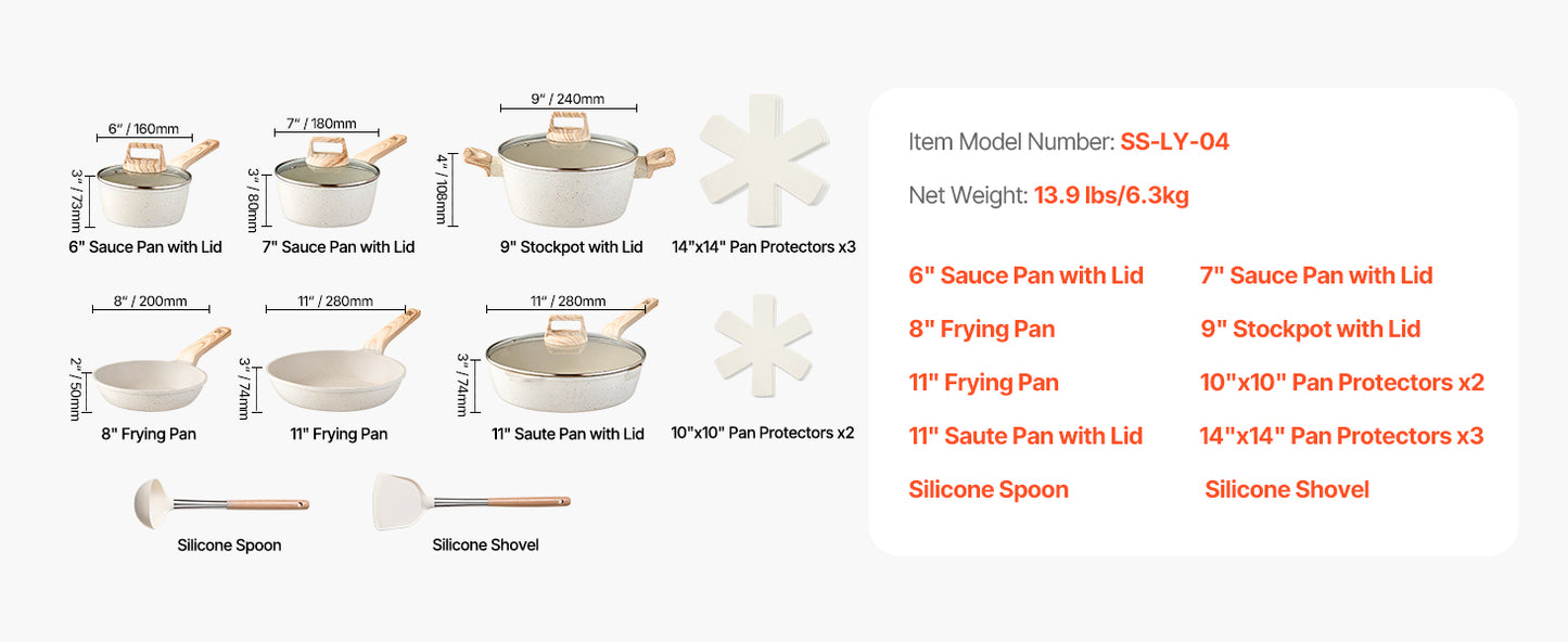 SucceBuy 17 Piece Pots and Pans Set Granite Nonstick Cookware Set Induction Cookwares Kitchen RV Cooking Sets with Pan Protector