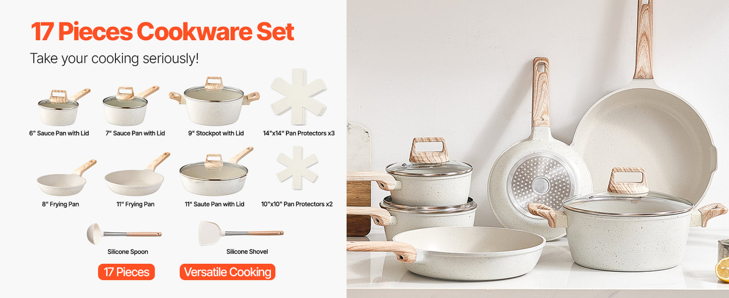 SucceBuy 17 Piece Pots and Pans Set Granite Nonstick Cookware Set Induction Cookwares Kitchen RV Cooking Sets with Pan Protector