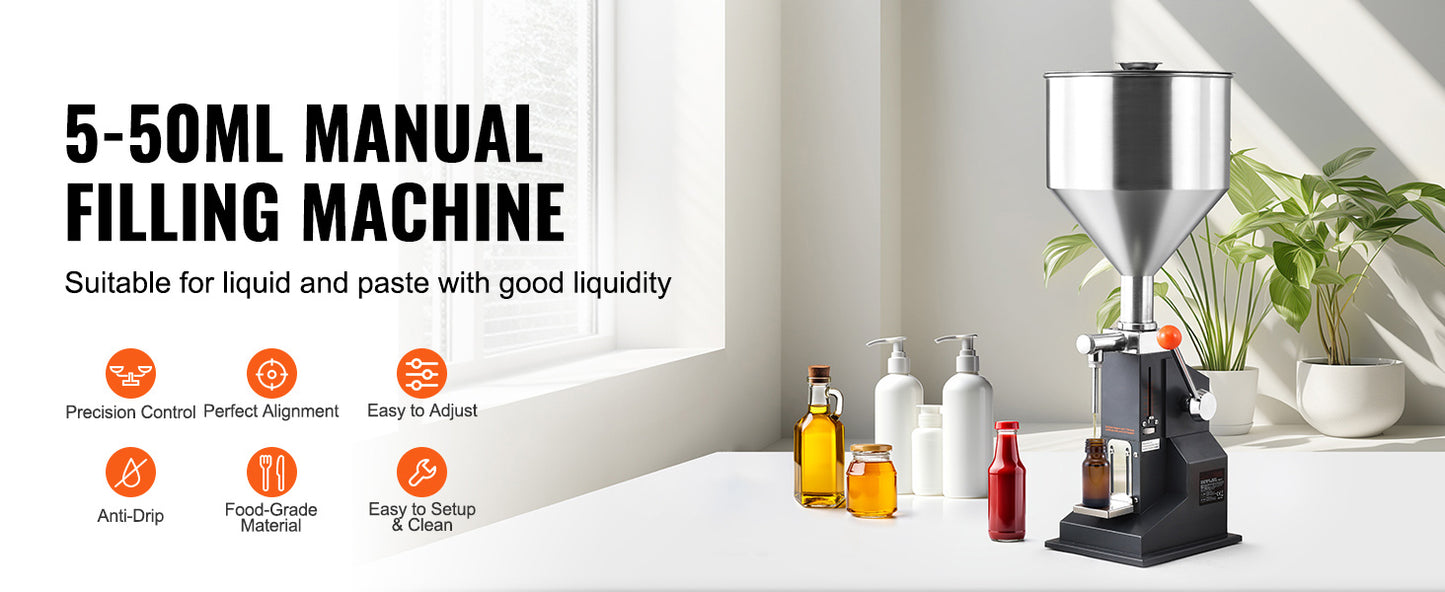 SucceBuy A03 5-50ml/5-100ml Manual Liquid Filling Machine Paste Bottle Filler Adjustable with Hopper for Juice Shampoo Honey