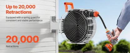 SucceBuy Retractable Garden Hose Reel Wall Mounted Hose Reel Heavy Duty Garden Hose Reel with 9Pattern Nozzle 180°Swivel Bracket